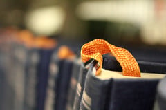 Image of books on a shelf with bookmarks between the pages